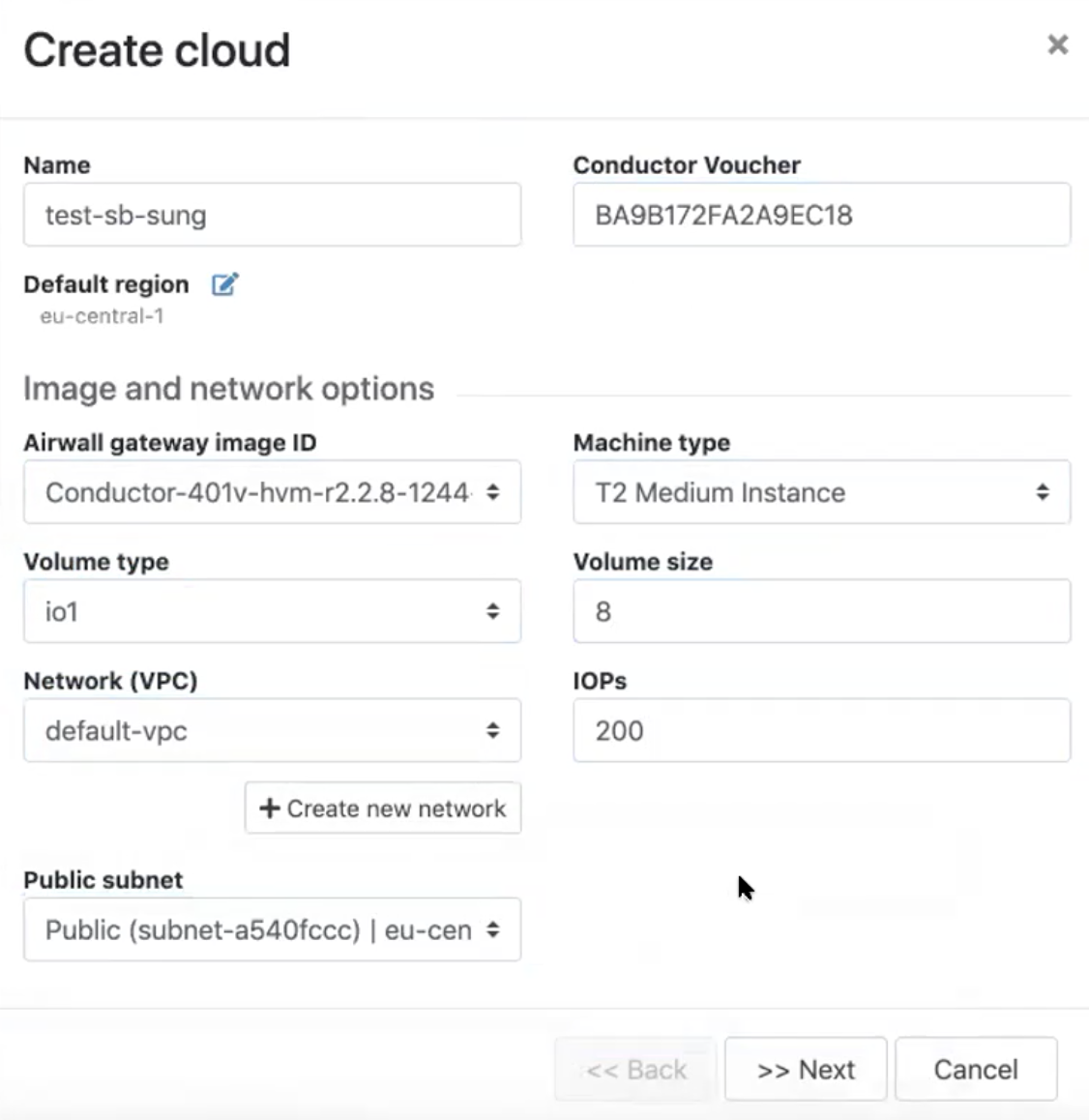 Create cloud dialog showing settings to set up