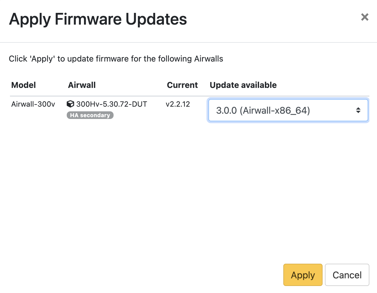 Apply Firmware Updates dialog showing an update available