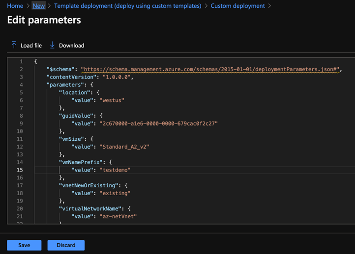Azure Edit parameters page