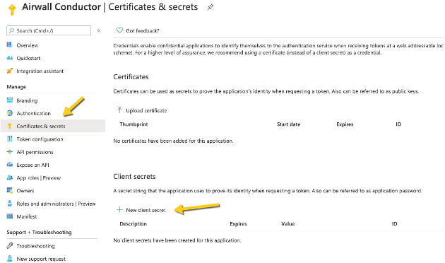 Azure AD Certificates & secrets page