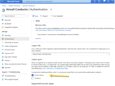 Azure AD Authentication page showing Implicit grant section with Access tokens checked