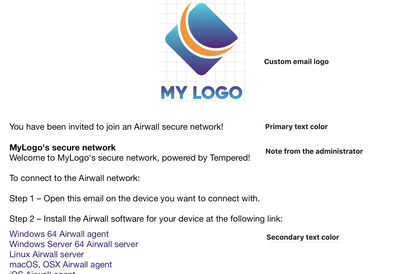 Customized email showing logo, custom text, and custom text colors.