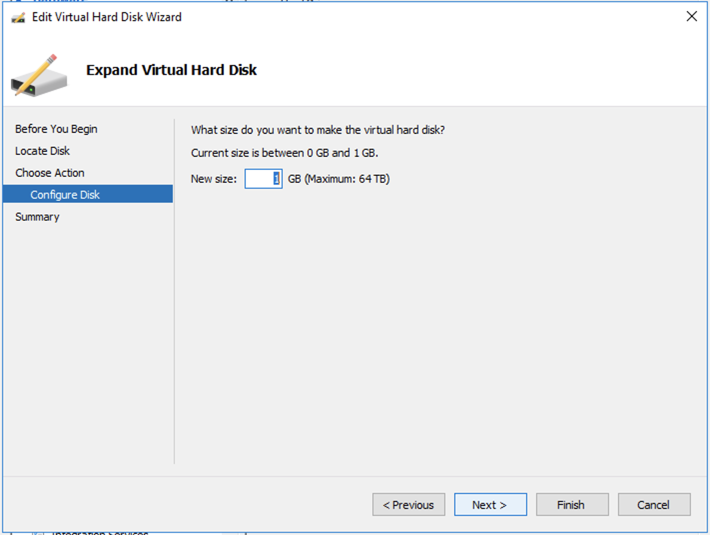 Expanding the hard drive in Hyper-V: Expand Virtual Hard Disk page