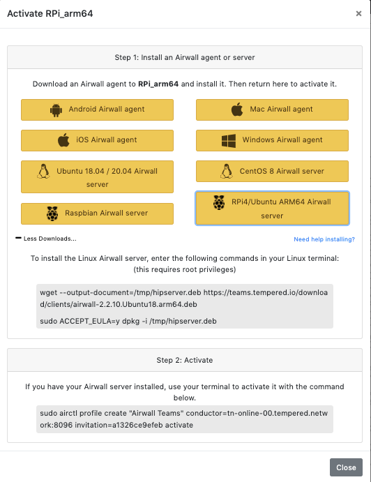 Airwall Server RPi4 install page showing command lines to copy