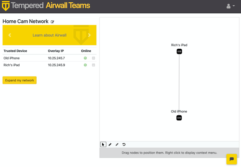 Airwall Teams network dashboard showing Rich's iPad and Old iPhone connected