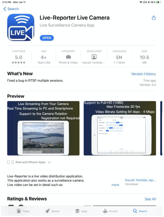 Apple App Store showing Live-Reporter Live Camera app