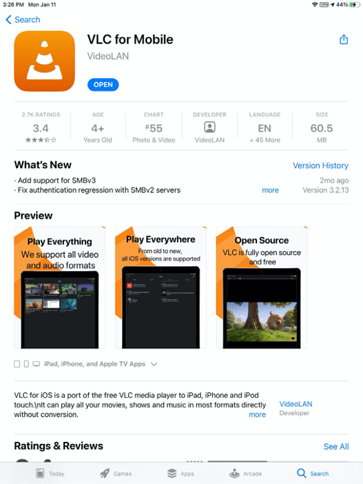 Apple App Store showing VLC for Mobile app