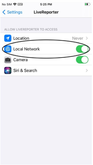 In the Live Camera app, grant permissions for the Local Network