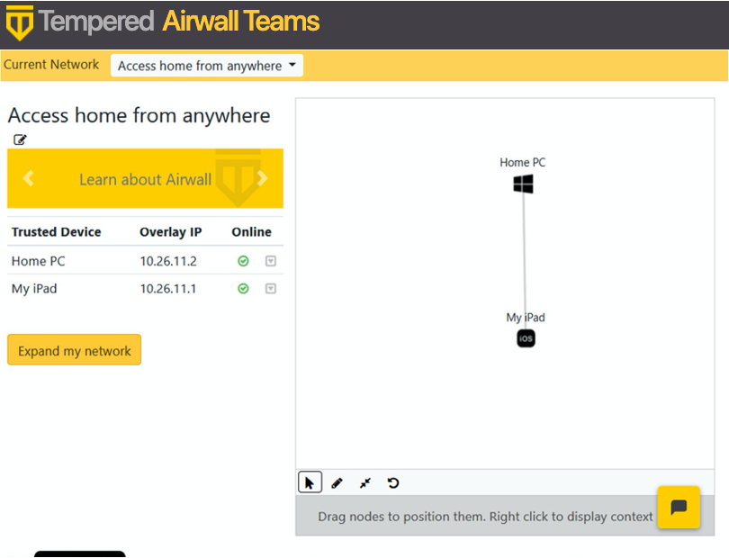 Airwall Teams network dashboard showing Home PC and My iPad connected