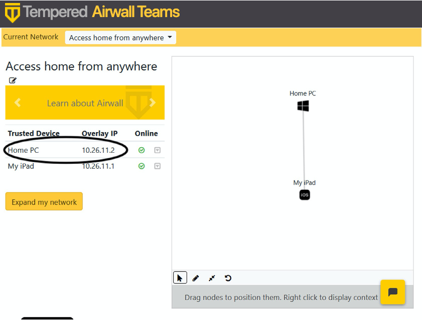 Get the Overlay IP for your home PC from the Airwall Teams page