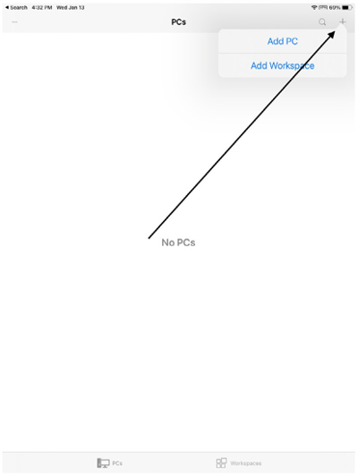Tap the plus sign on the Windows Remote Desktop Mobile app