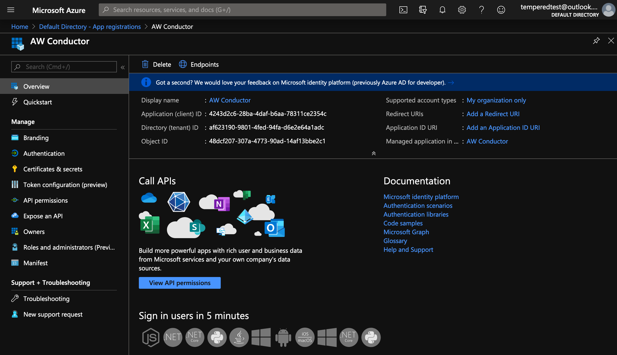Azure Application Overview page showing TenantID