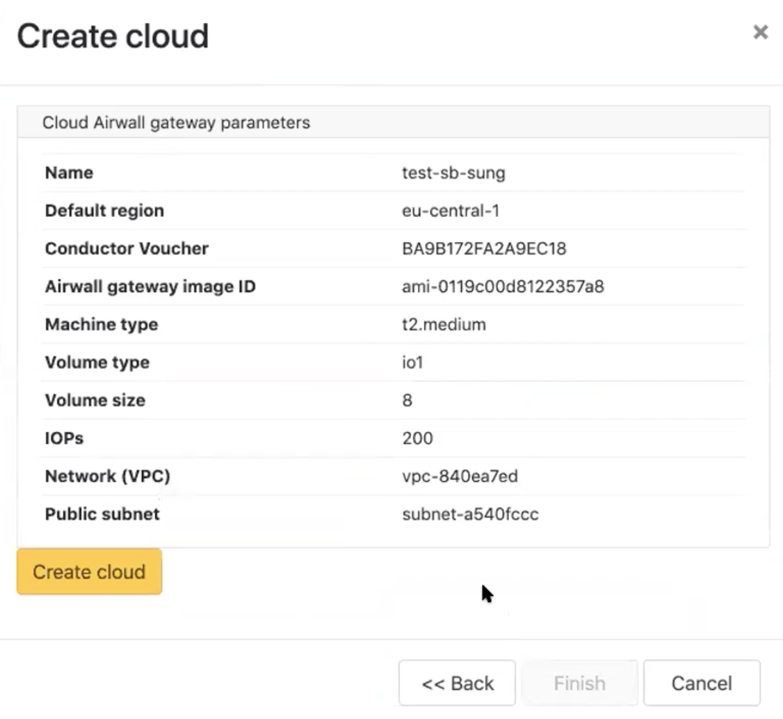 Create cloud dialog showing settings to confirm and Create cloud
