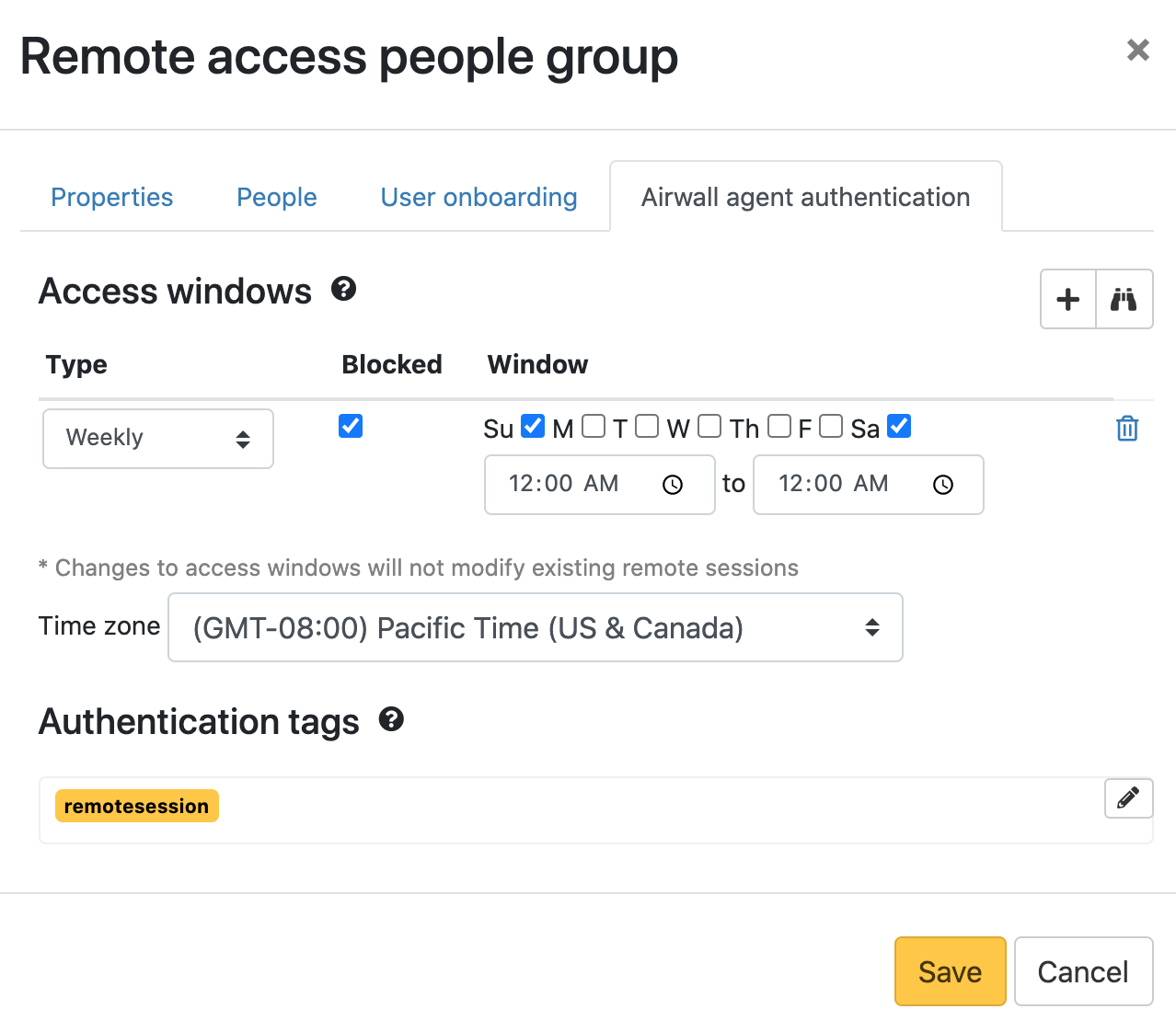 People group Airwall agent authentication tab showing blocking access on weekends