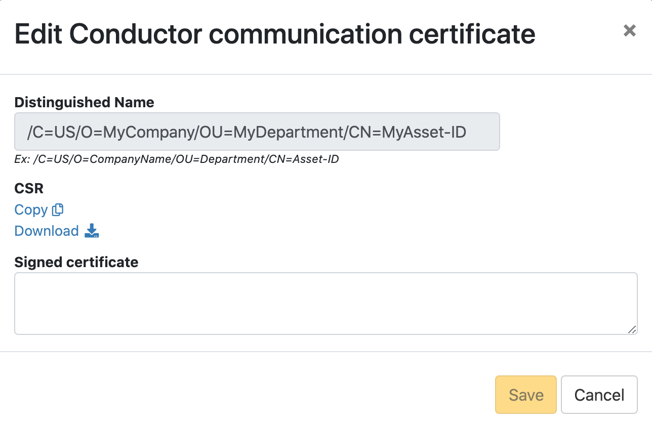 Edit Conductor communication certificate dialog where you past customer certificate