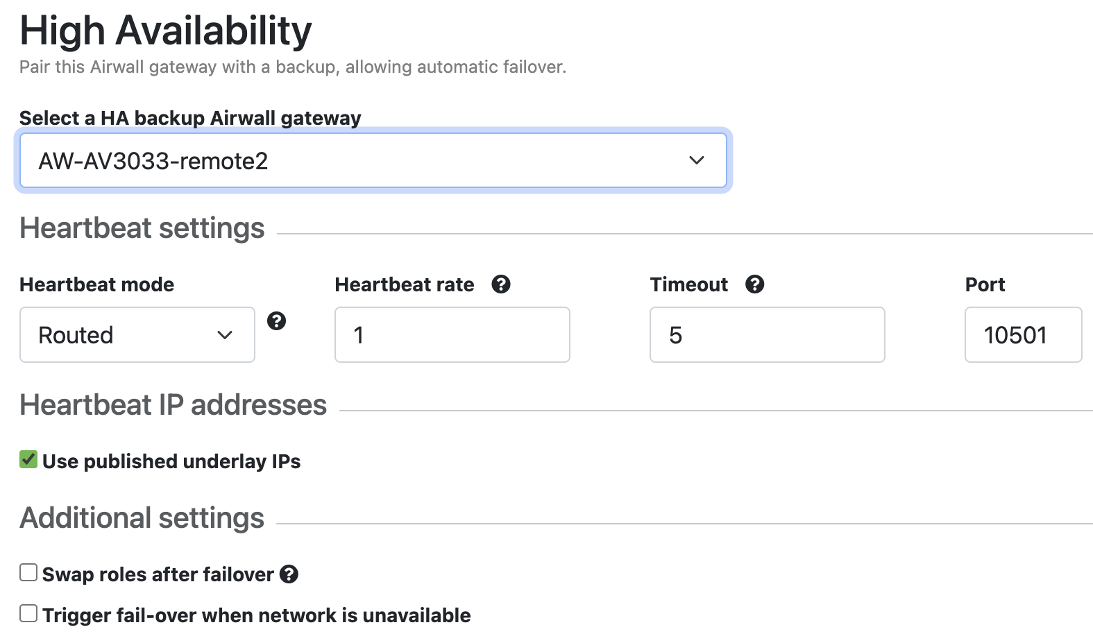 Heartbeat settings on an HA Airwall Gateway pair