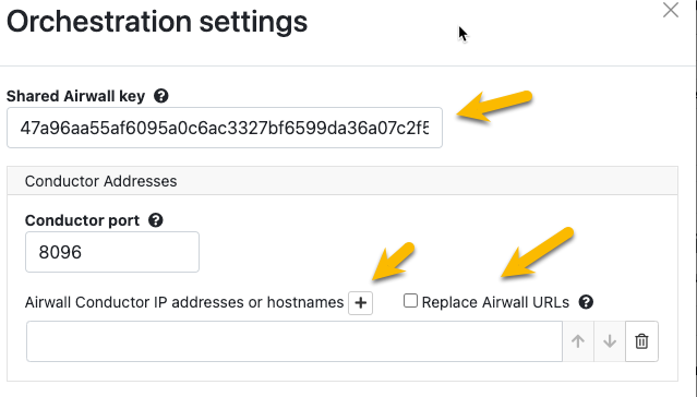 Conductor Orchestration settings showing adding a new Conductor address and Shared Airwall key