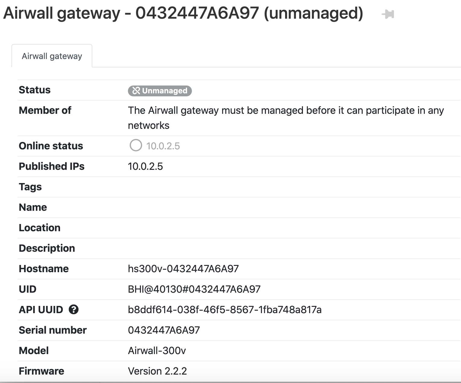 The page for an Airwall edge service showing more detailed information and status