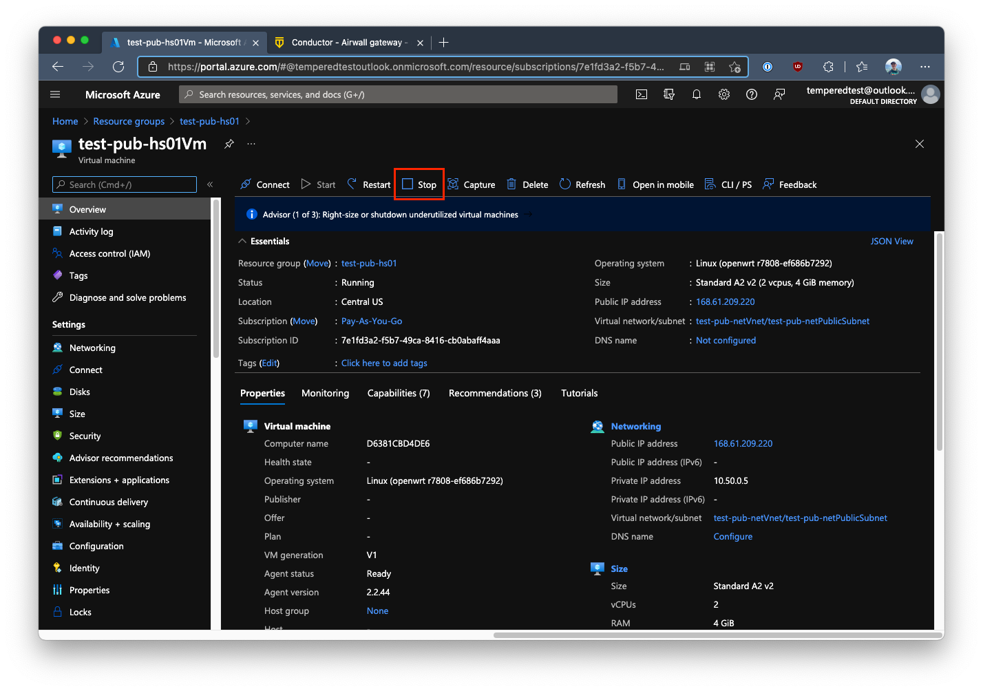 Azure interface showing stop button