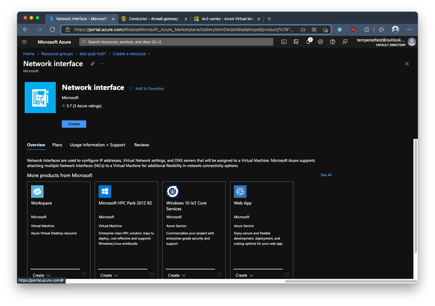 In Azure, create a new Network Interface object, or NIC