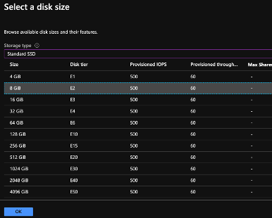 Azure Select a disk size dialog