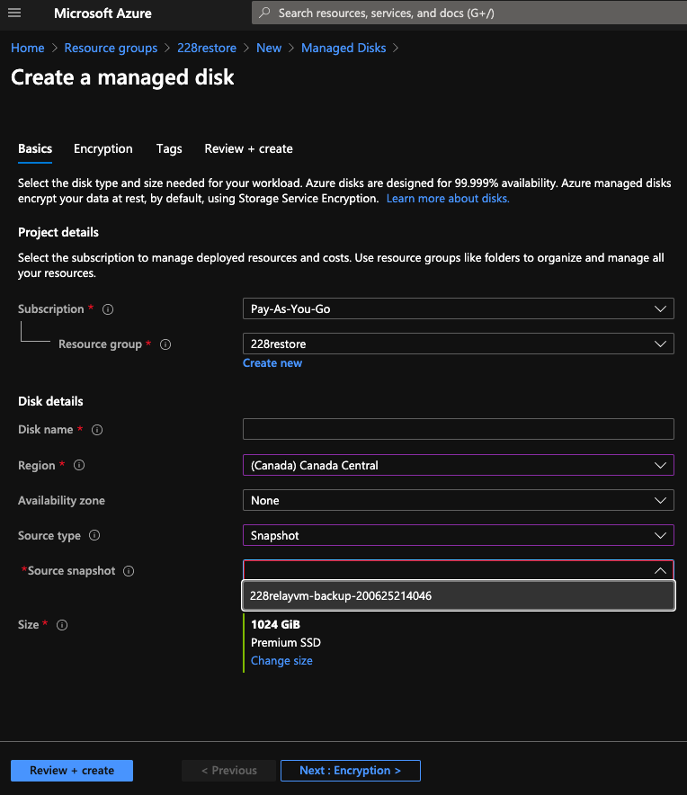 Create a managed disk dialog - change the disk size