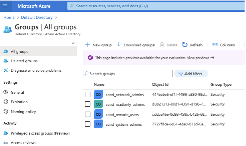 Azure AD showing the groups above created for use in the Conductor