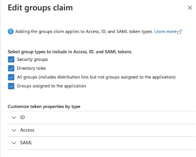 Azure AD Edit groups claim page with all group types selected