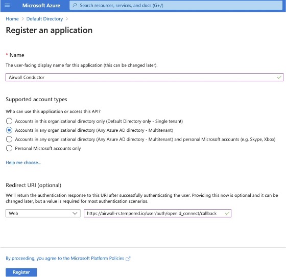 Azure AD Register an application dialog box
