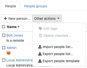 People tab showing Import and Export people list options under Other actions