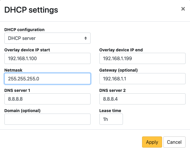 DHCP Settings dialog box filled out with settings