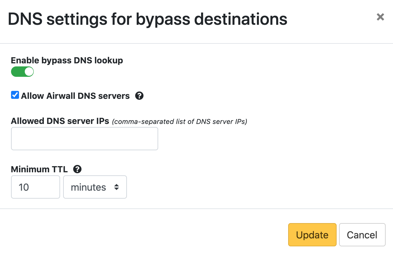 DNS settings for bypass destinations dialog box with Enable bypass DNS lookup on.