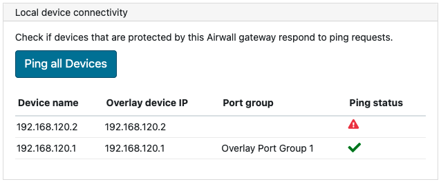 Local device connectivity section of Check Connectivity