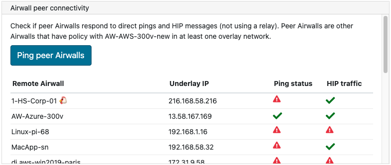 Airwall peer connectivity section of the Check connectivity