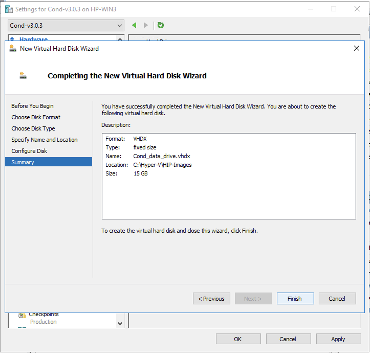 Settings for the Conductor VM: Virtual Hard Disk