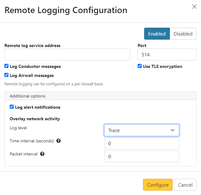 Remote Logging Configuration page