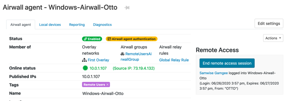 Airwall Agent page showing remote access session