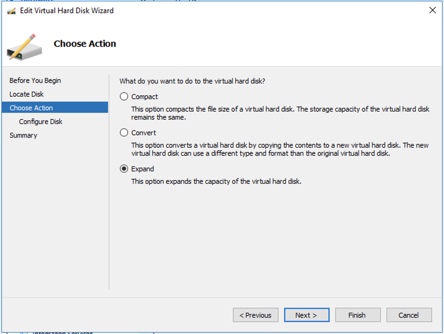 Editing the hard drive on Hyper-V: Choose Action page