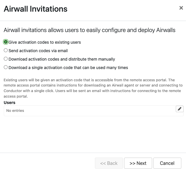 Airwall invitations dialog showing types of invitations and list of users to invite