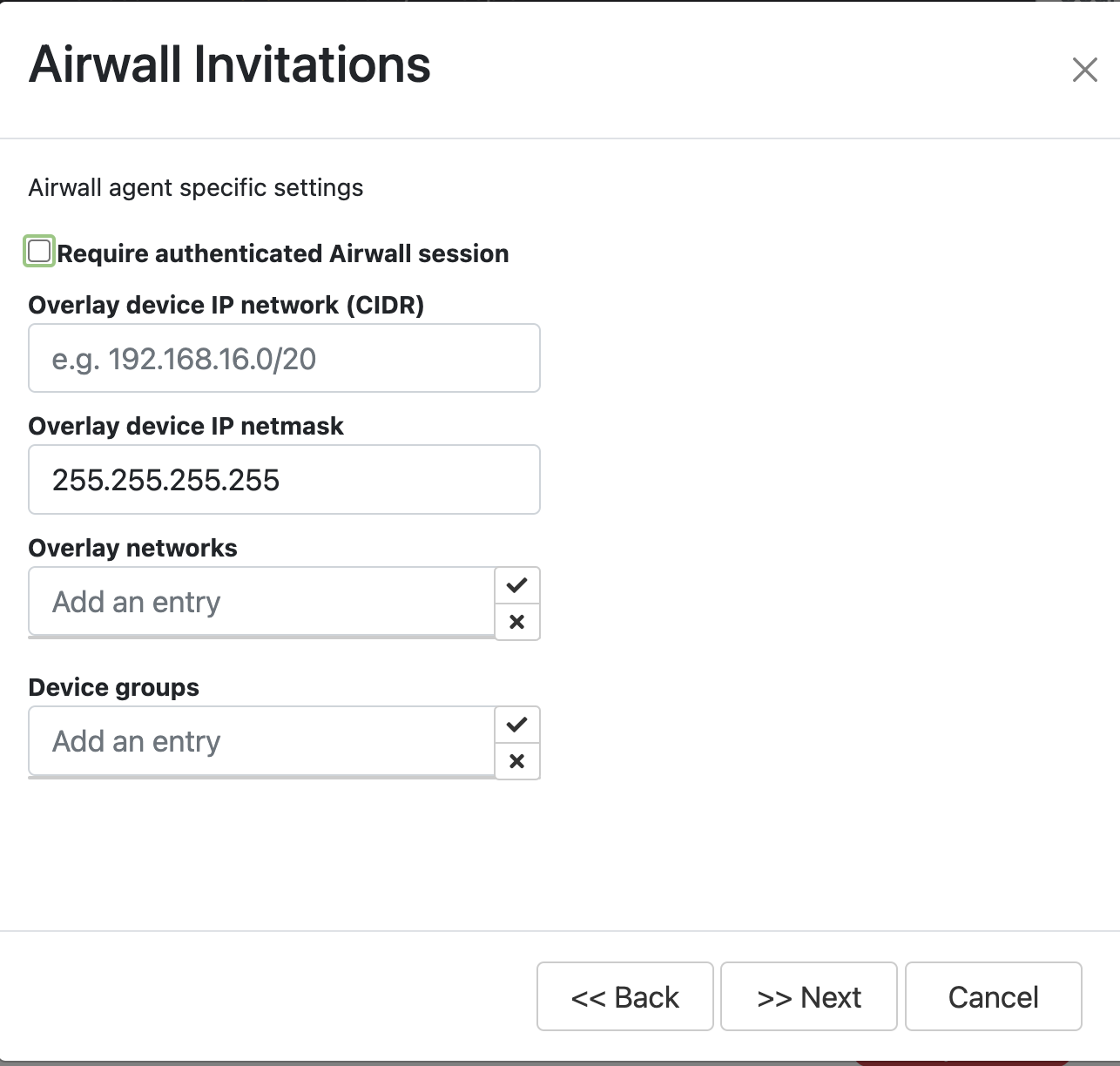 Airwall Agent-specific settings dialog