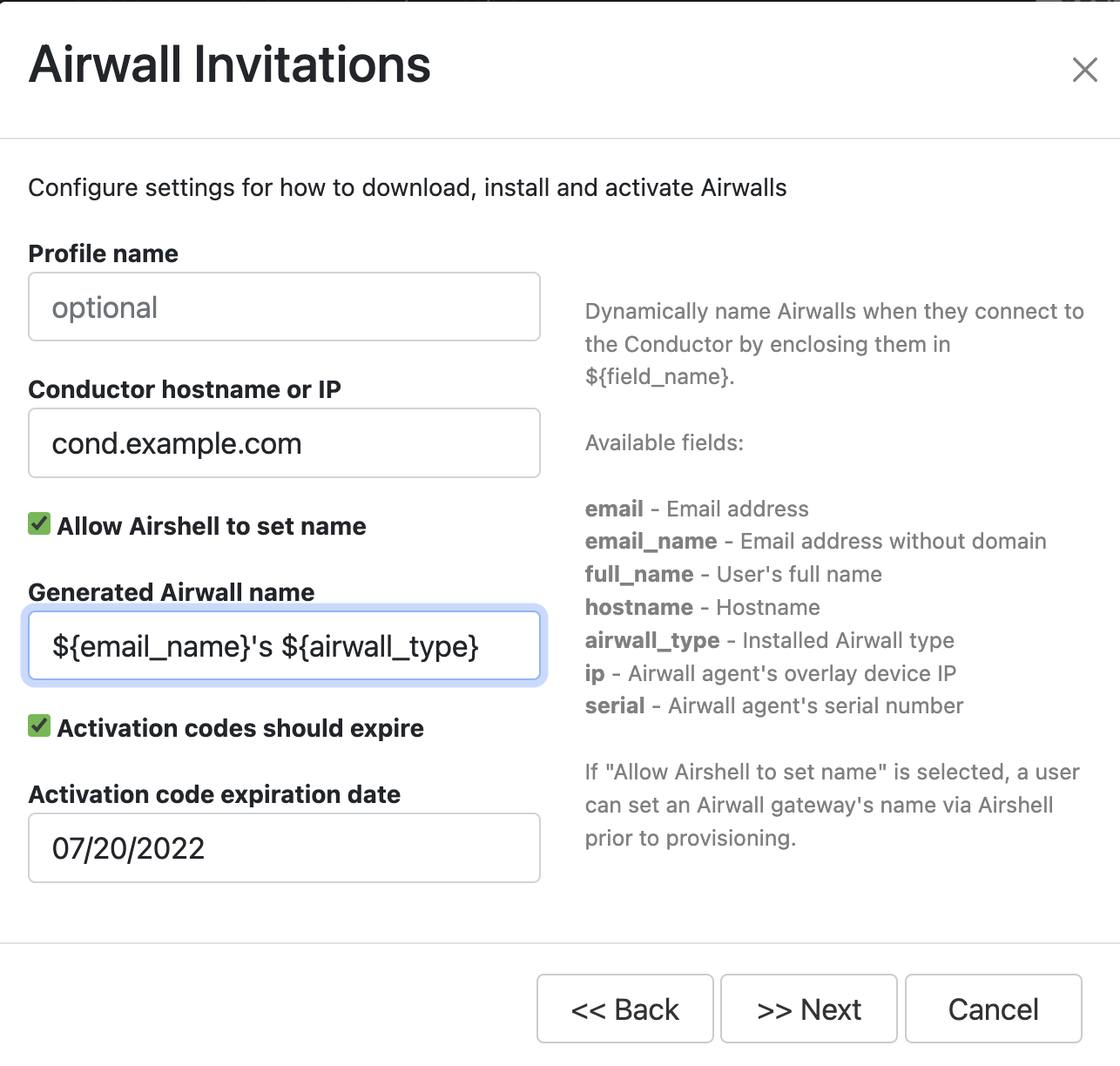 Airwall invitations main settings