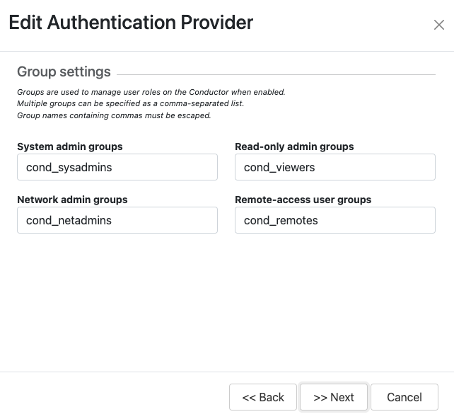 Edit Authentication Settings wizard, group settings page showing groups filled in