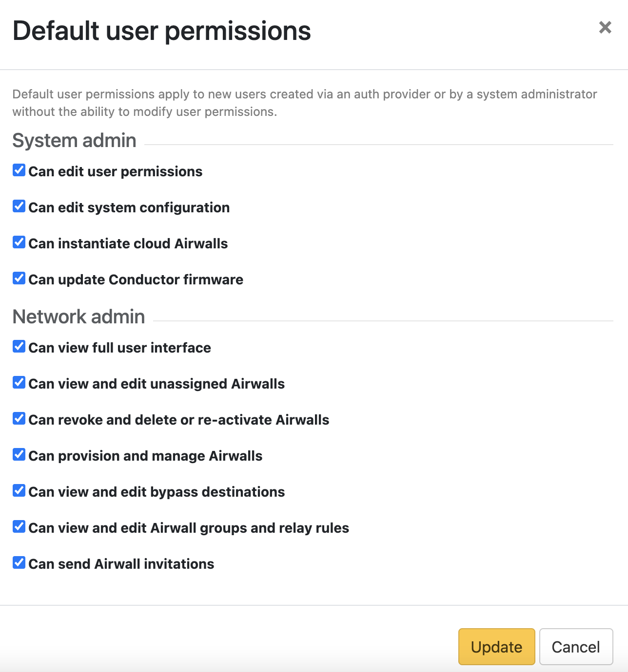 Set default permissions on the Conductor Settings page