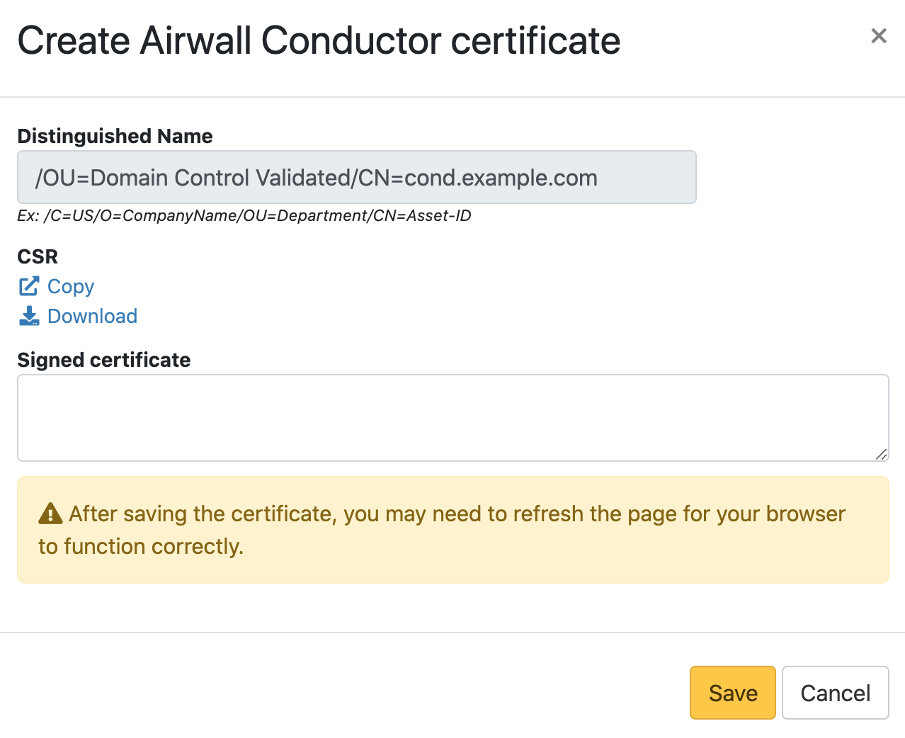 Create Airwall Conductor certificate dialog